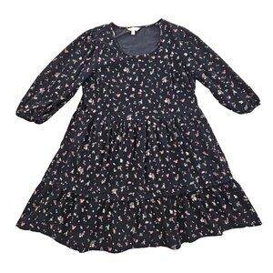 Time And Tru Black Floral Corduroy Mini Dress Women's L 12-14 Prairie Boho EUC